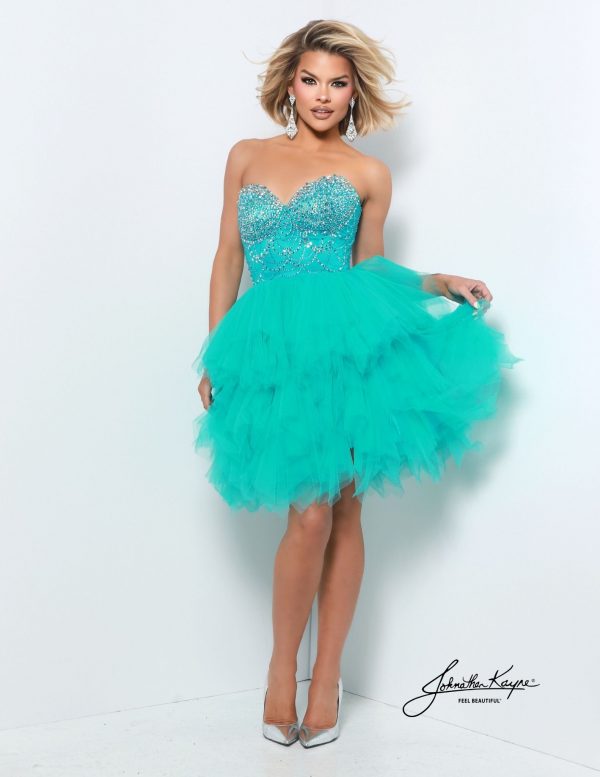 Aqua strapless beaded homecoming cocktail dress with tiered tulle skirt, perfect for homecoming, pageants.